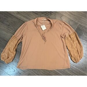 NWT ANDTHEWHY Los‎ Angeles Womens Blouse Medium Pom Pom Sleeve Tie Neck Top